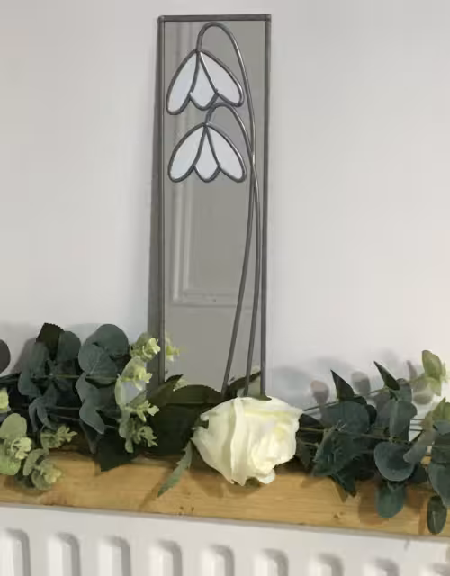 Rennie Mackintosh style stained glass effect mirror art nouveau handmade gift Snowdrops 10x40cm (3.74x15.75inches)