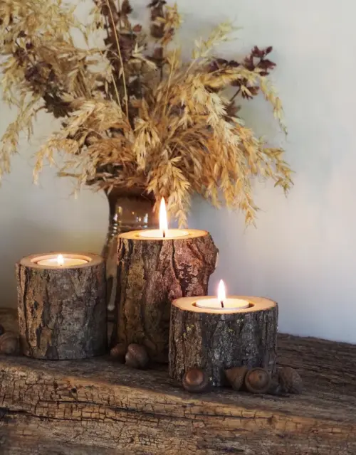 Rustic Tree Branch Candle Holders - Set of 3, Cozy Home Decor, Hygge Style, 5th Anniversary Gift, Handcrafted Wooden Tealight Holders
